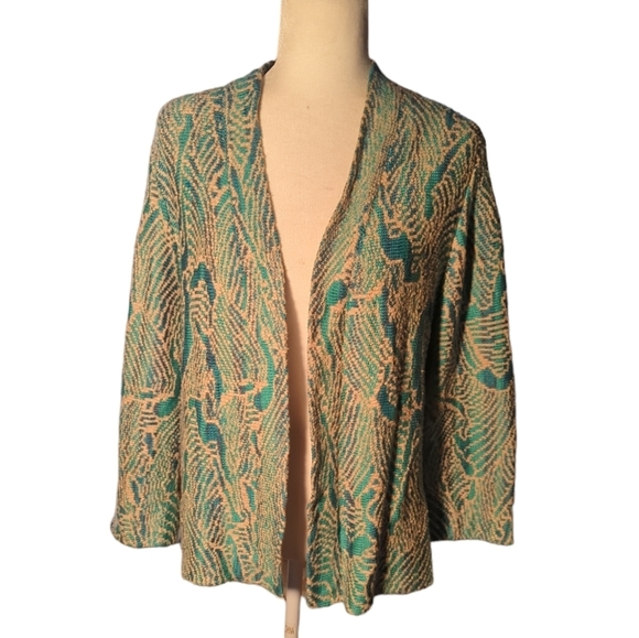 Peruvian Connection Sweaters - Peruvian Connection open front Pima cotton green/tan cardigan sweater Sz L